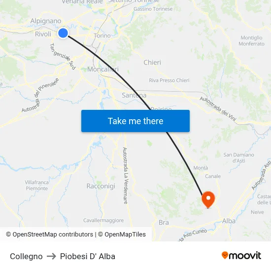 Collegno to Piobesi D' Alba map