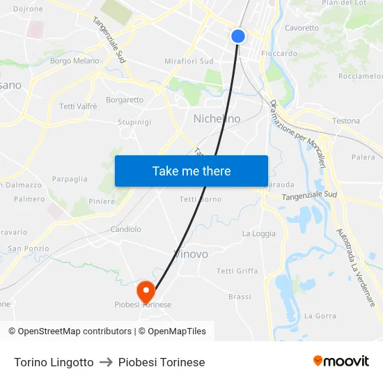 Turin Lingotto to Piobesi Torinese map