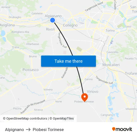 Alpignano to Piobesi Torinese map