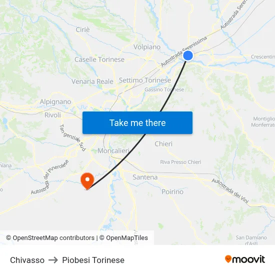 Chivasso to Piobesi Torinese map
