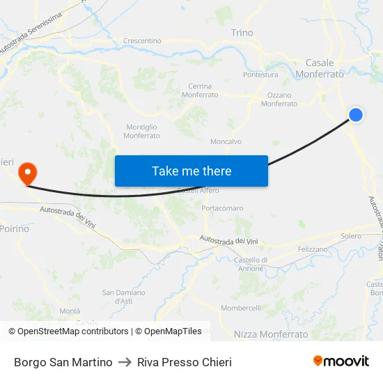 Borgo San Martino to Riva Presso Chieri map