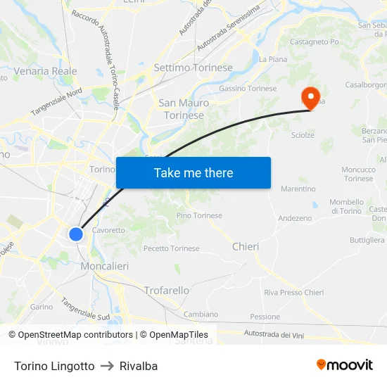 Turin Lingotto to Rivalba map