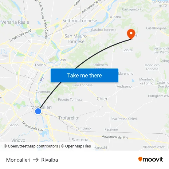 Moncalieri to Rivalba map