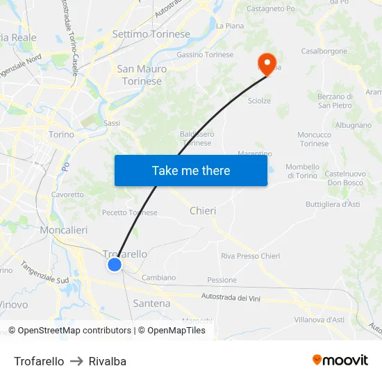 Trofarello to Rivalba map