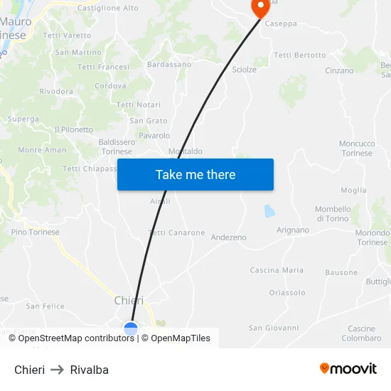 Chieri to Rivalba map