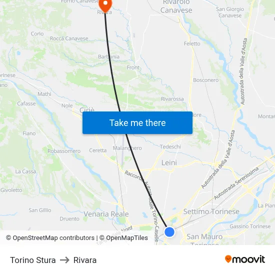 Turin Stura to Rivara map
