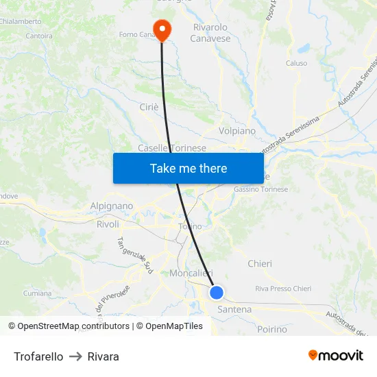 Trofarello to Rivara map