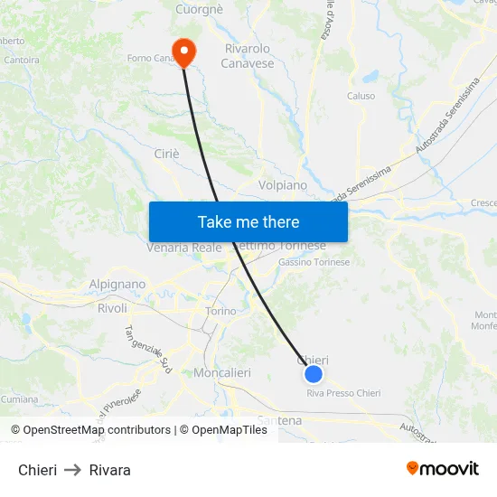 Chieri to Rivara map