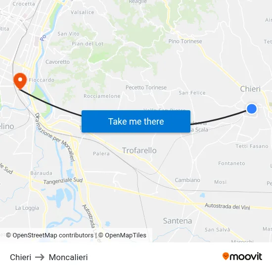 Chieri to Moncalieri map