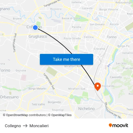 Collegno to Moncalieri map