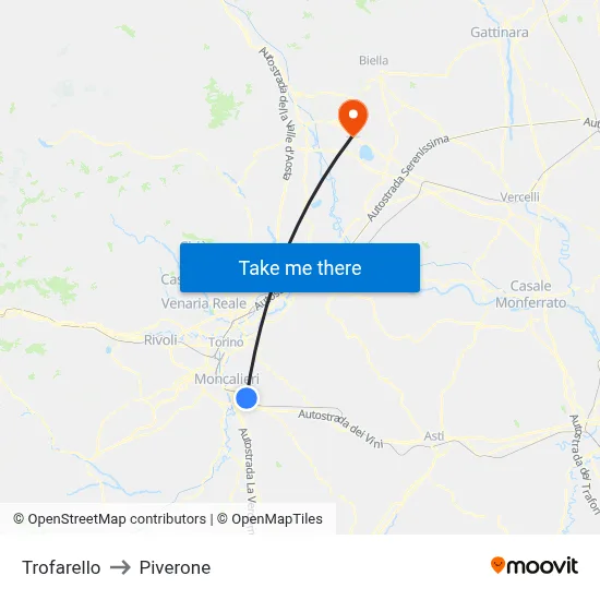 Trofarello to Piverone map