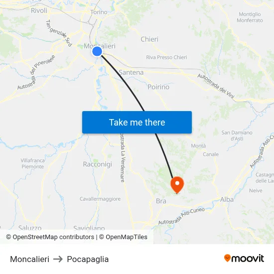 Moncalieri to Pocapaglia map