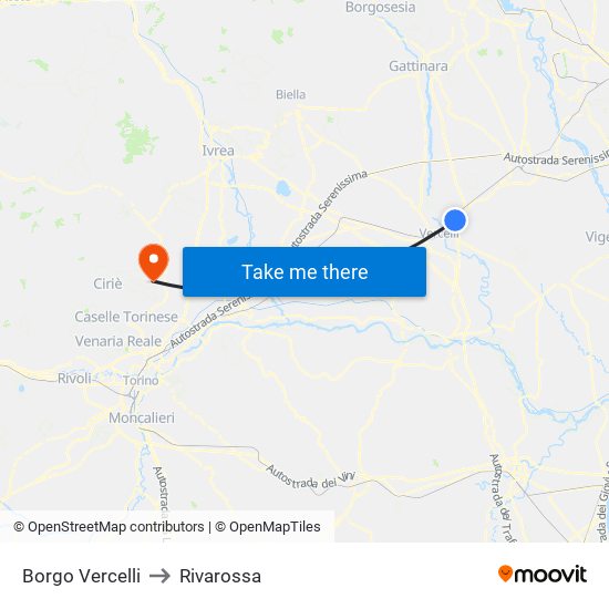 Borgo Vercelli to Rivarossa map