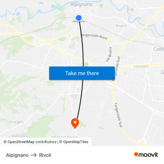 Alpignano to Rivoli map