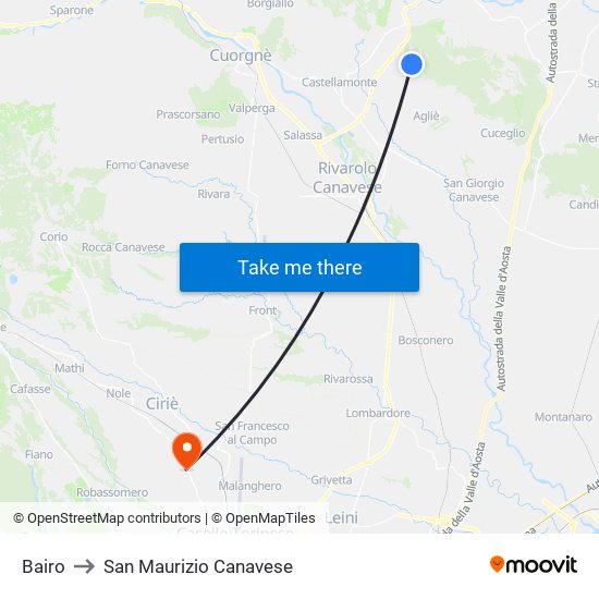 Bairo to San Maurizio Canavese map