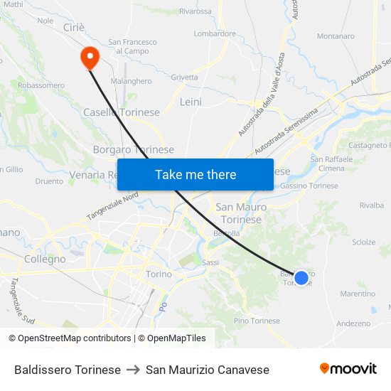 Baldissero Torinese to San Maurizio Canavese map