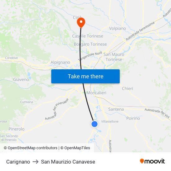 Carignano to San Maurizio Canavese map