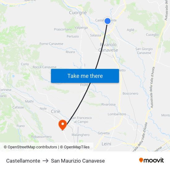 Castellamonte to San Maurizio Canavese map