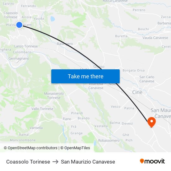 Coassolo Torinese to San Maurizio Canavese map