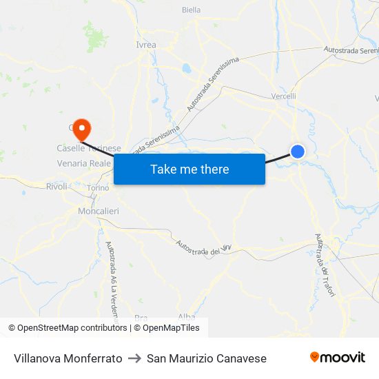 Villanova Monferrato to San Maurizio Canavese map
