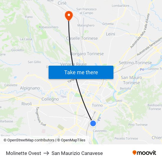 Molinette Ovest to San Maurizio Canavese map