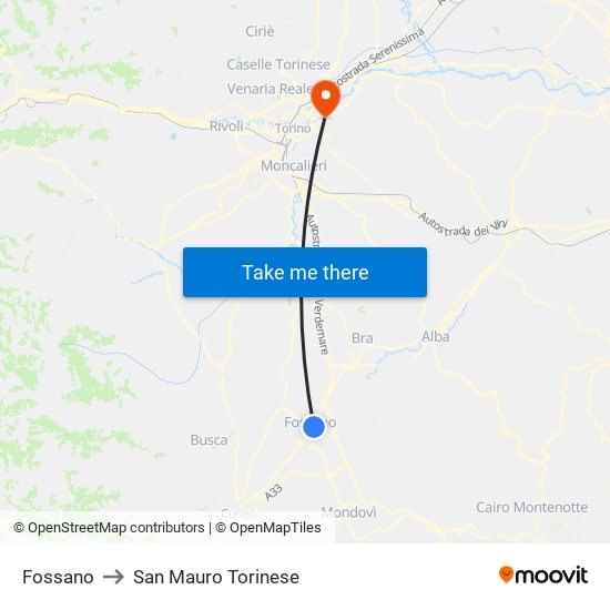 Fossano to San Mauro Torinese map