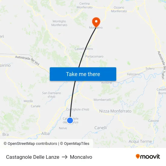 Castagnole delle Lanze to Moncalvo map
