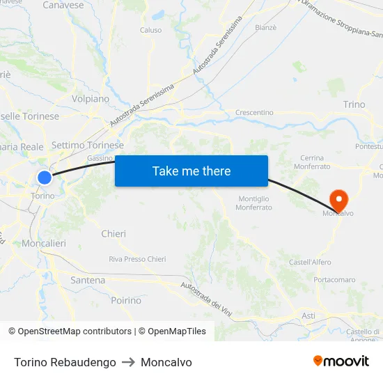 Turin Rebaudengo to Moncalvo map
