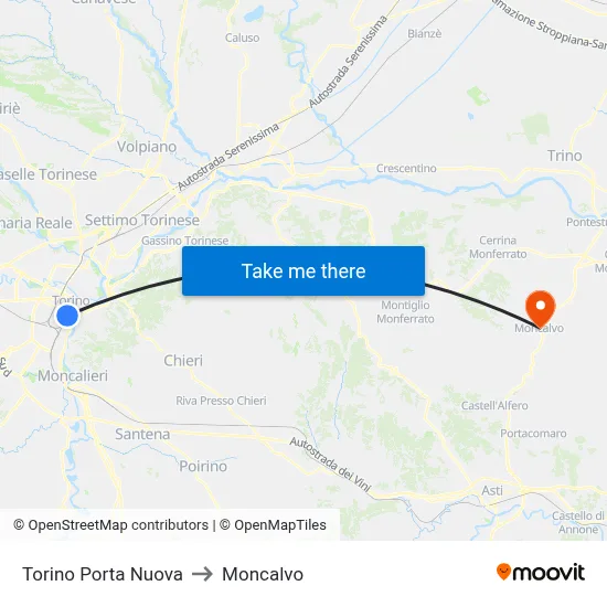 Turin Porta Nuova to Moncalvo map