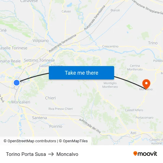 Turin Porta Susa to Moncalvo map