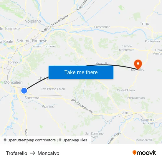 Trofarello to Moncalvo map