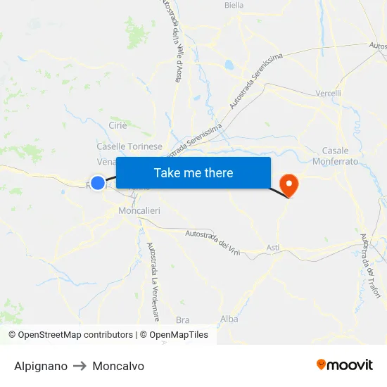Alpignano to Moncalvo map