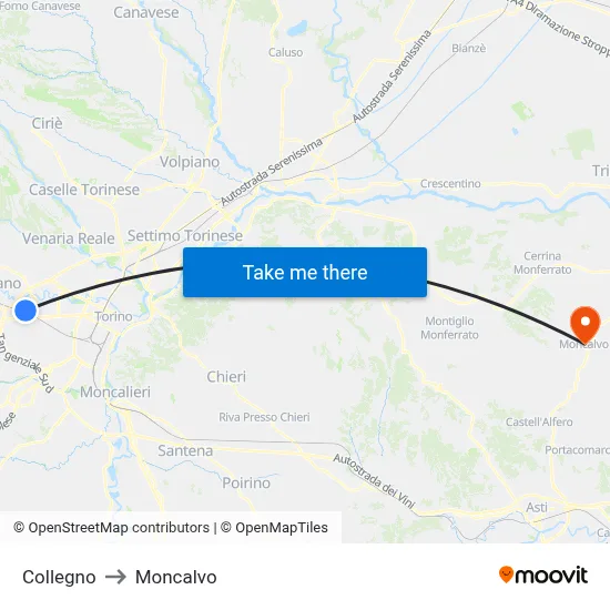 Collegno to Moncalvo map