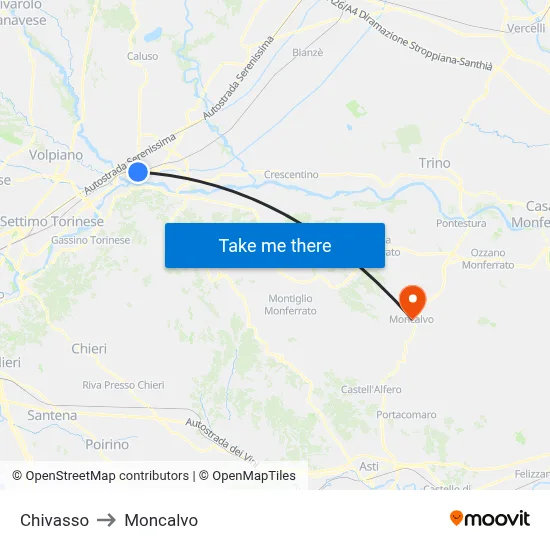 Chivasso to Moncalvo map