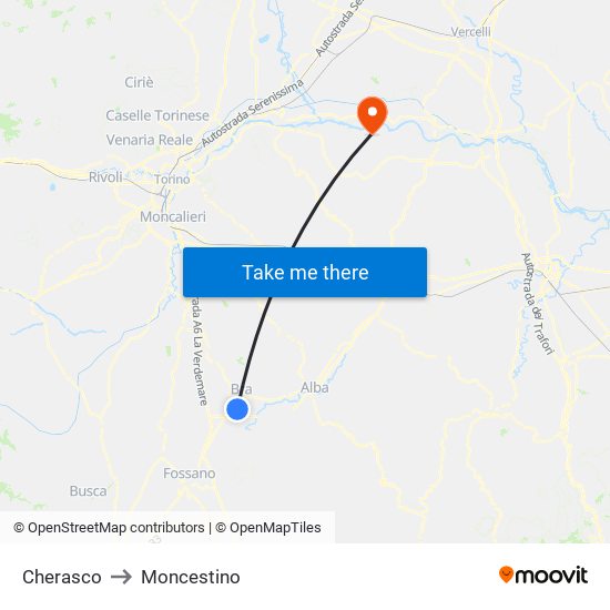 Cherasco to Moncestino map