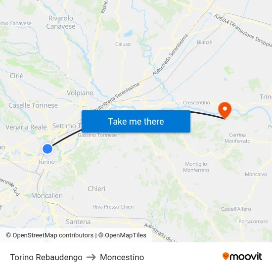 Turin Rebaudengo to Moncestino map