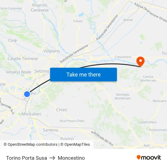 Turin Porta Susa to Moncestino map