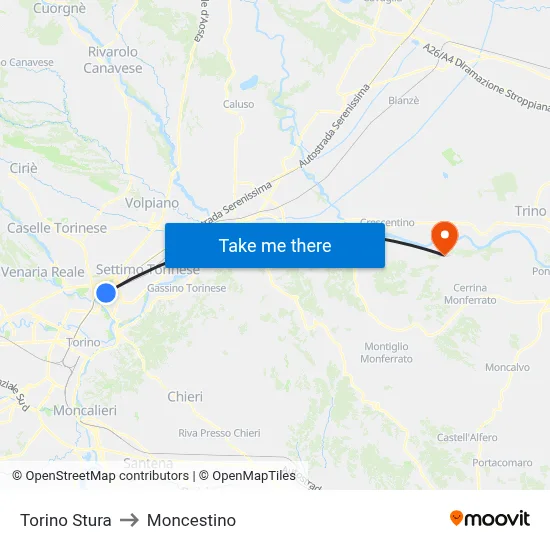 Turin Stura to Moncestino map
