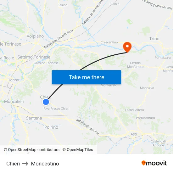 Chieri to Moncestino map