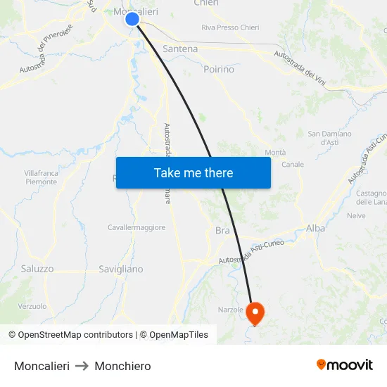 Moncalieri to Monchiero map