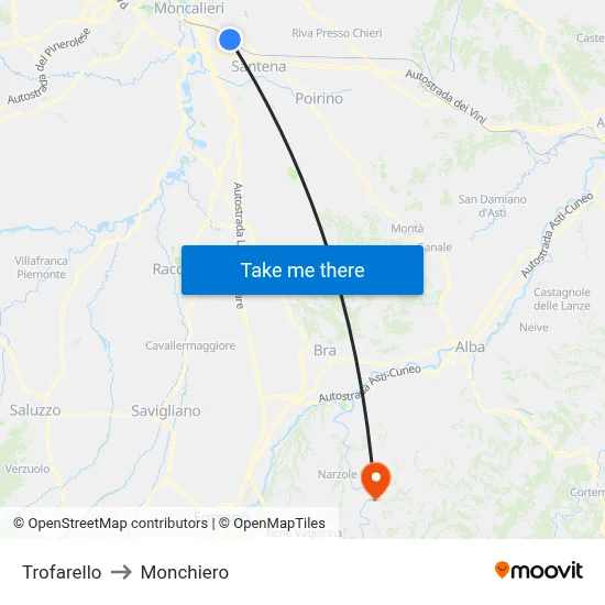 Trofarello to Monchiero map