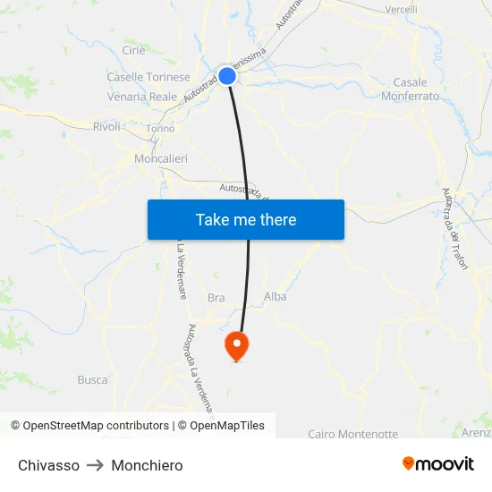 Chivasso to Monchiero map