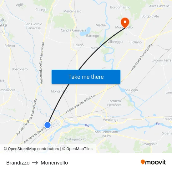 Brandizzo to Moncrivello map
