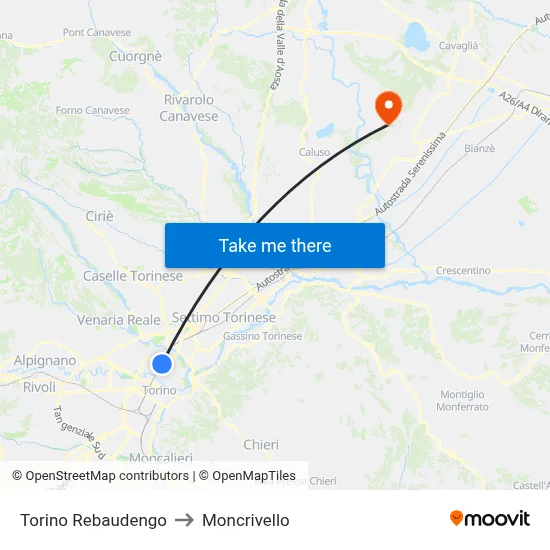 Turin Rebaudengo to Moncrivello map