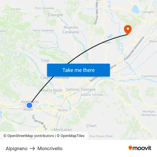 Alpignano to Moncrivello map