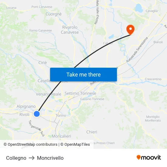 Collegno to Moncrivello map