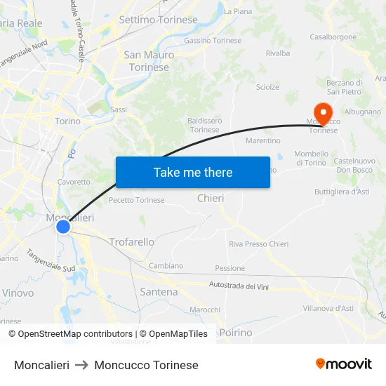 Moncalieri to Moncucco Torinese map