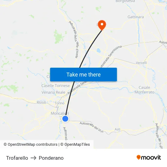 Trofarello to Ponderano map