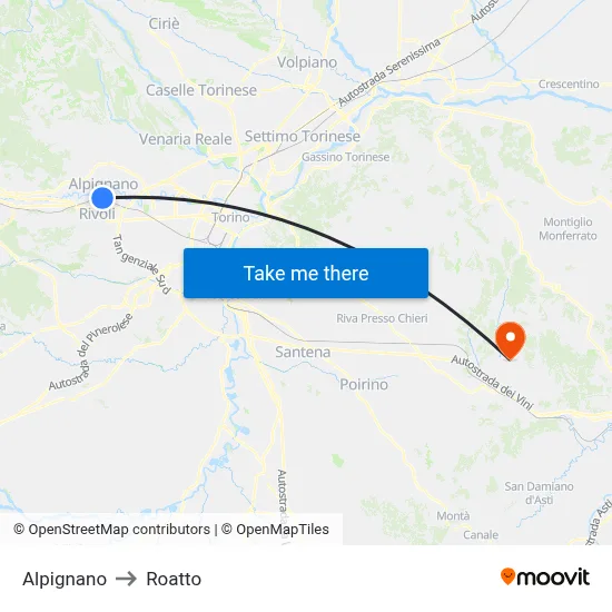 Alpignano to Roatto map