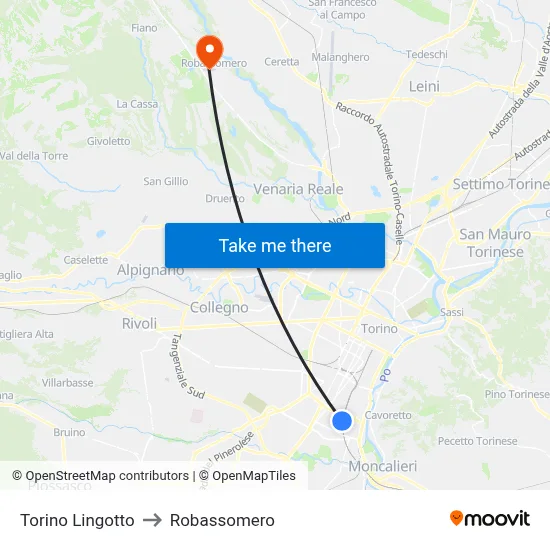 Turin Lingotto to Robassomero map